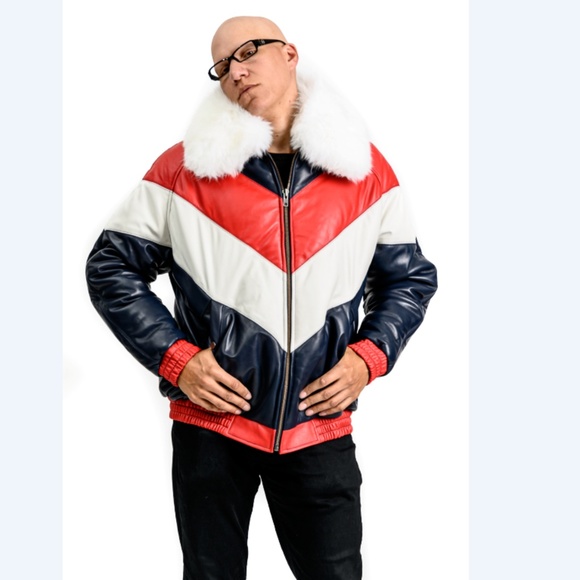 SALE Lamb Leather Down Bomber with Fox Fur - Picture 1 of 2